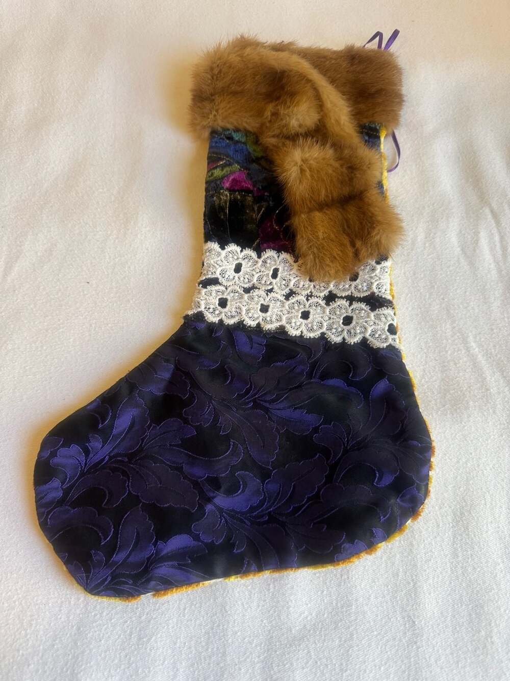 Handmade Upcycled Velvet and Brocade Christmas Stocking with Real Mink Fur Trim